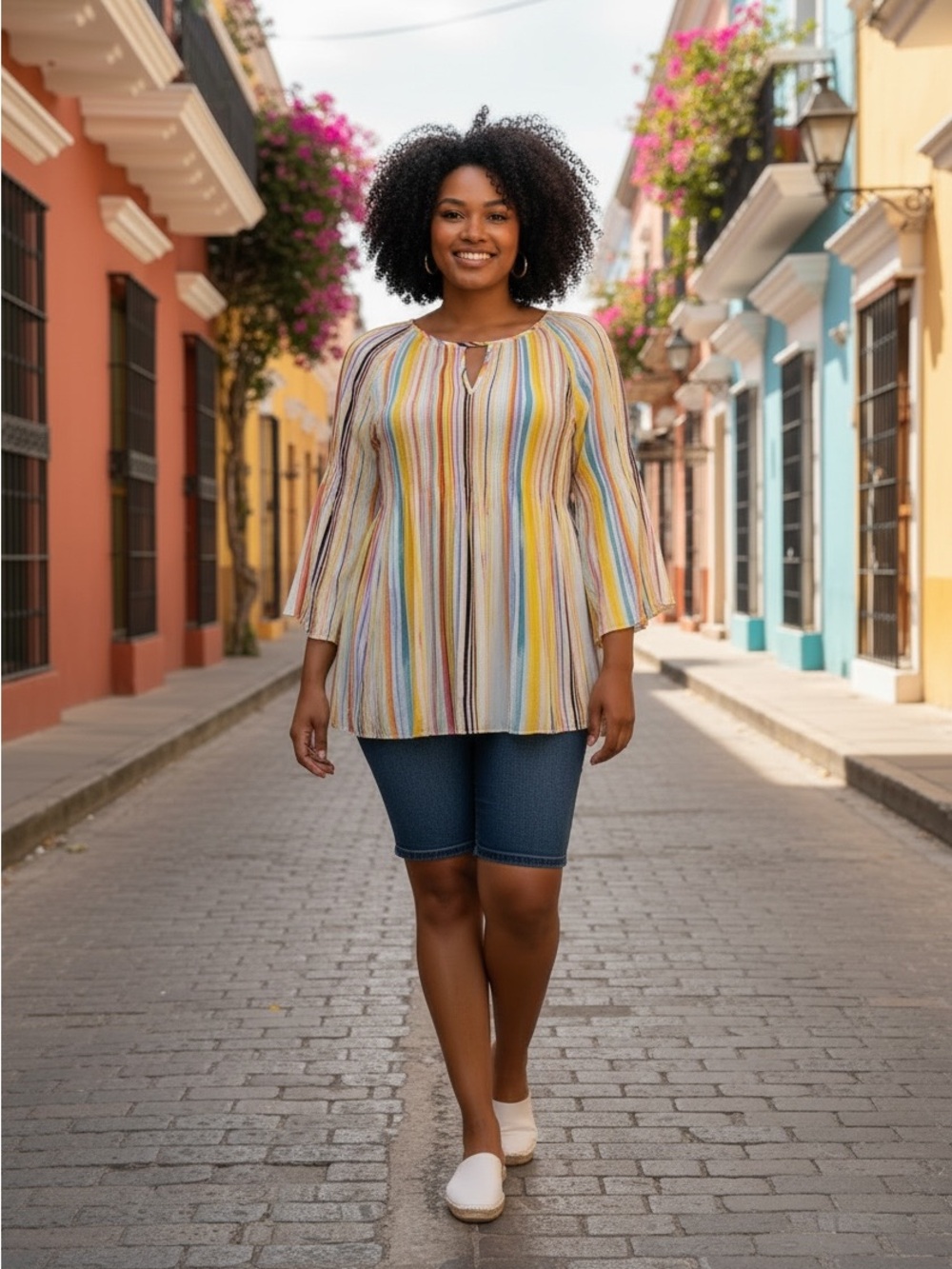 Spense Multi-Stripe Keyhole Tunic in Yellow, Blue & Pink